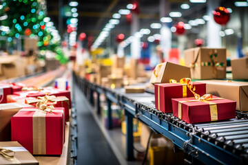 Naklejka na ściany i meble Closeup of multiple colorful fancy Christmas gift and presents moving along a conveyor belt in a warehouse fulfillment center, which decorated by christmas ornament. Generative AI. 
