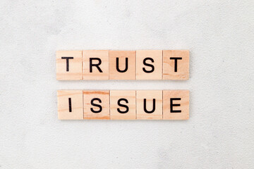 Top view of Trust Issue word on wooden cube letter block on white background. Business concept