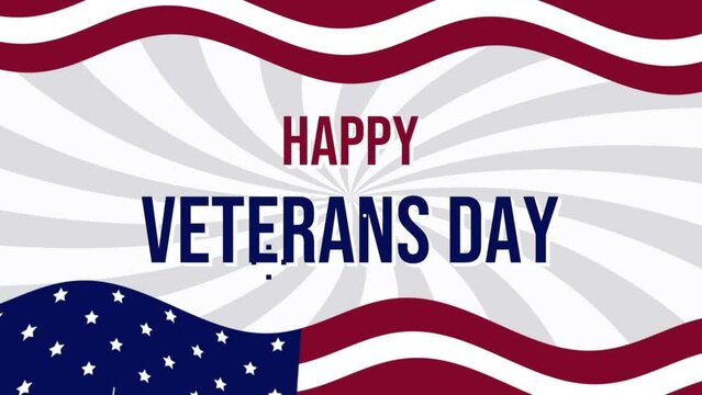 Animation of USA happy veterans day, lettering text with USA flag background and fireworks splash 