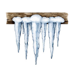 Icicles on the wooden roof edge. Painted watercolor illustration. Hand drawn frozen water. Winter time seasonal outdoor scene. Painted icicles isolated on white background - obrazy, fototapety, plakaty