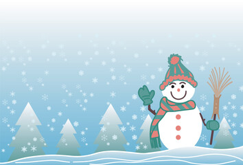 christmas winter background with pine trees, snowman holding a broom and falling white snowflakes. vector illustration.