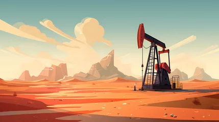 Fotobehang Hand drawn cartoon illustration of oil drilling platform in desert  © 俊后生