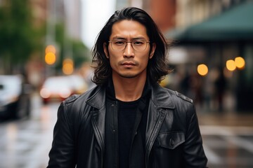Asian man with long hair and glasses serious angry face portrait on city street - obrazy, fototapety, plakaty