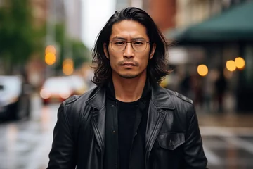 Fotobehang Asian man with long hair and glasses serious angry face portrait on city street © blvdone