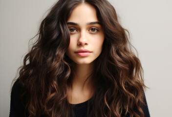 Naklejka premium Portrait of a woman with long, wavy, dark brown hair that falls in loose waves around their shoulders, black top, plain, light-colored wall