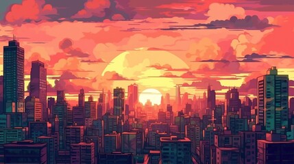 Modern city skyline at sunset. Fantasy concept , Illustration painting.