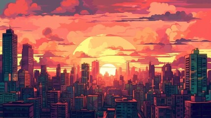 Fototapeta premium Modern city skyline at sunset. Fantasy concept , Illustration painting.