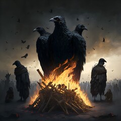 Bonafide bonfires rise crushed blackened bones combined with dated ideologies make the mortar for eons of empty empires facsimile flies being crowned by the cawing of crows herald in another age of  - obrazy, fototapety, plakaty