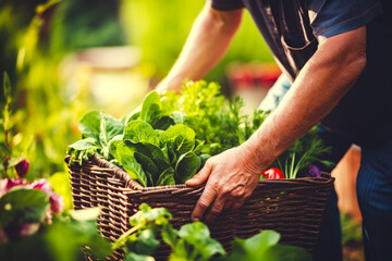 Closeup of a farmer hands harvesting organic vegetables into a basket, emphasizing the natural farm-to-table process and healthy food