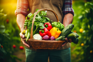 Closeup of a farmer hands holding a basket of organic vegetables,, emphasizing the natural farm-to-table process and healthy food