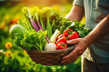 Closeup of a farmer hands holding a basket of organic vegetables,, emphasizing the natural farm-to-table process and healthy food - obrazy, fototapety, plakaty