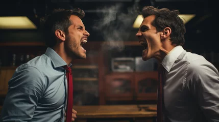 Fotobehang Angry friend facing each other, throwing out arguments at each other by shouting, close-up face view © Kedek Creative