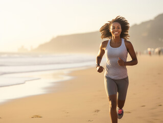 African American woman jogging on beach, health care fitness and outdoors activity concept - Powered by Adobe
