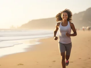 Tuinposter African American woman jogging on beach, health care fitness and outdoors activity concept © Kedek Creative