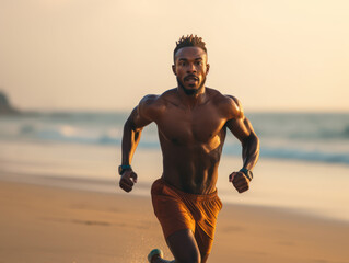 African man jogging on beach, health care fitness and outdoors activity concept - Powered by Adobe