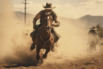 cowboy riding horse, Generative AI - obrazy, fototapety, plakaty