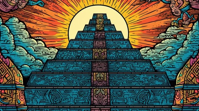 Mayan pyramids and religious artwork. Fantasy concept , Illustration painting.