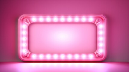 Fototapeta premium 3D Pink rectangular retro frame with glowing lamps on dark background.