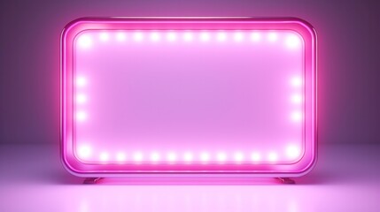 3D Pink rectangular retro frame with glowing lamps on dark background.