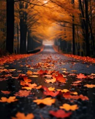 Papier Peint photo Lavable Noir close up of fallen leaves covering the road, road in autumn