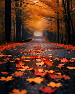 close up of fallen leaves covering the road, road in autumn