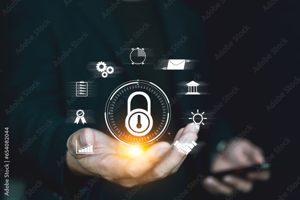 Poster security and protect business data concept, lock and safe data from online cyber, data digital prote