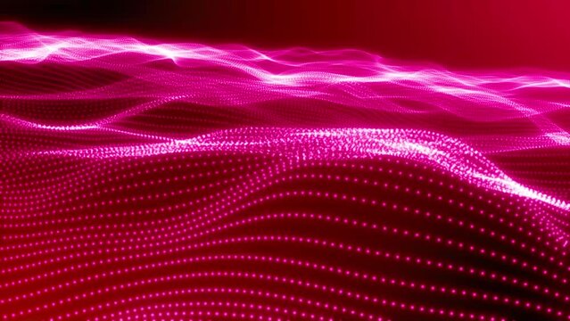 Red colour Abstract technology wave of particles. Big data visualization. Dark background with motion dots and lines. Colour and movement concept digitally generated