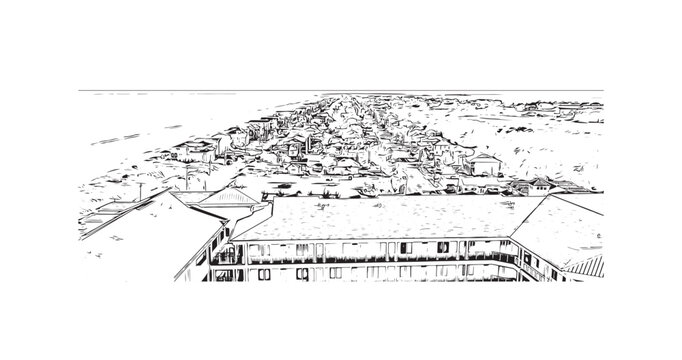 Building view with landmark of Sandbridge is the neighborhood in Virginia. Hand drawn sketch illustration in vector.
