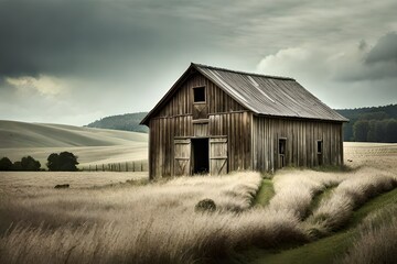 a scene of a vintage, weathered barn with a white and pale blue exterior, nestled in the countryside under a clear, summer sky