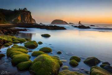 A serene coastal scene with Sea Lettuce adorning the rocky shoreline at low tide - obrazy, fototapety, plakaty