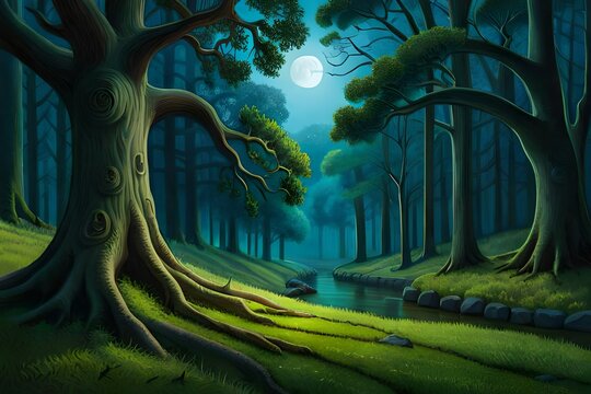 A moonlit forest glade with ancient, gnarled oak trees and a blanket of luminescent moss