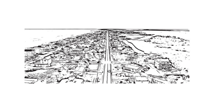 Building view with landmark of Sandbridge is the neighborhood in Virginia. Hand drawn sketch illustration in vector.