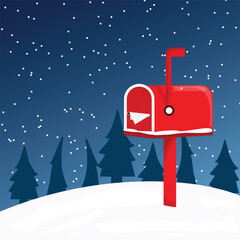 Cartoon Christmas illustration of a red postbox in the snow. Letters for Santa Claus.