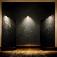 high resolution symmetrical surreal minimal a smooth dark wall with two dimly lit display lamps on both upper upper corners gently illuminating resembling an empty art exhibit  - obrazy, fototapety, plakaty