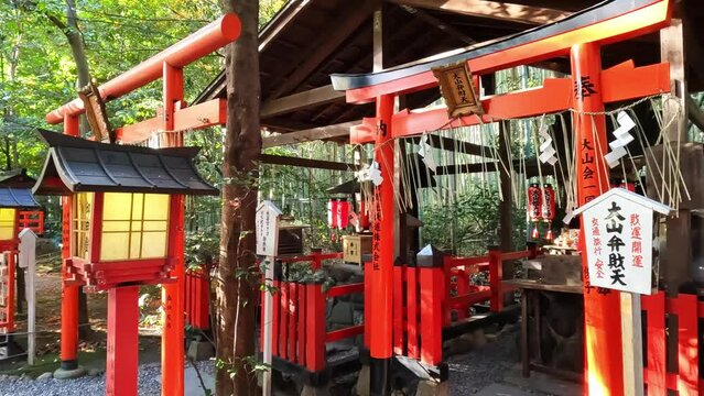 Beautiful japanese shinto shrine with red laterns and torii gates. Located in a tranquil forest.