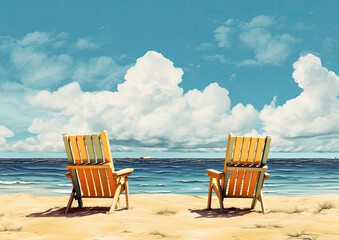 Two wooden chairs on a pristine beach