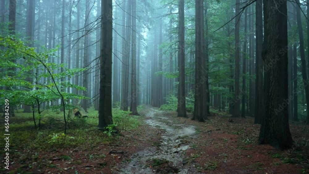 Poster autumn mysterious forest in the fog. the path between tall trees creates a mysterious and haunting a