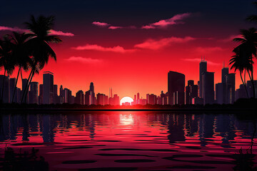 Miami city sunset silhouette on the cityscape