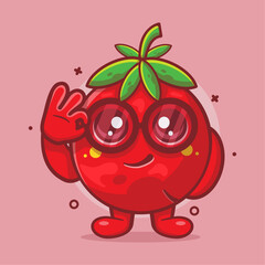 funny tomato fruit character mascot with ok sign hand gesture isolated cartoon in flat style design. 