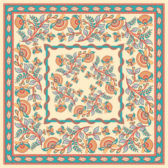 Square decorative design with ornament of flowers and leaves, frames.  Decor for shawls, neck scarves, napkins, home textiles, accessories. Indian style. Kalamkari.