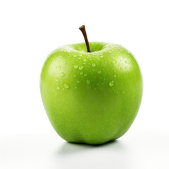 A fresh green apple with glistening water droplets on its surface