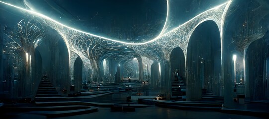 heaven tronlegacy landscape network with multiple branching passageway archways leading to staircases ornamental 3Dfractal ultra realistic octane  - obrazy, fototapety, plakaty