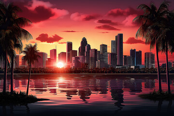 Miami city sunset silhouette on the cityscape