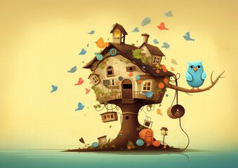 A bird perched on a tree house