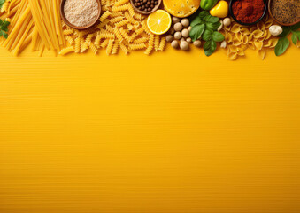 A colorful variety of pasta on a vibrant yellow background