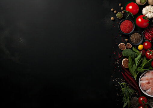 A colorful assortment of fresh and vibrant vegetables and meats on a black background