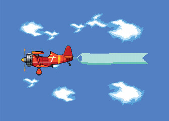 Pixel art biplane plane icon for 8 bit game on light blue background