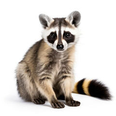 A curious raccoon sitting on a clean white surface