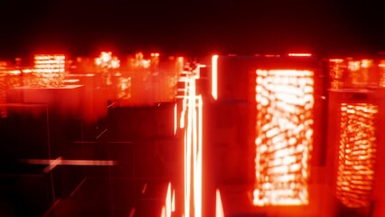 3d render. Futuristic landscape with cubic motion animation with orange light in the darkness with cold neon light.