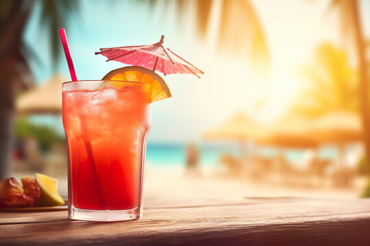 A refreshing summer drink rests on a table against a serene beach background. Iced cocktail in vibrant summer tones in a beach atmosphere.